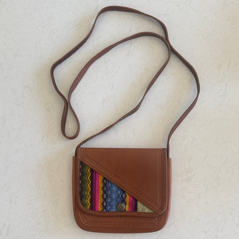 Tan Leather Crossbody Bag with Multicolor Detail